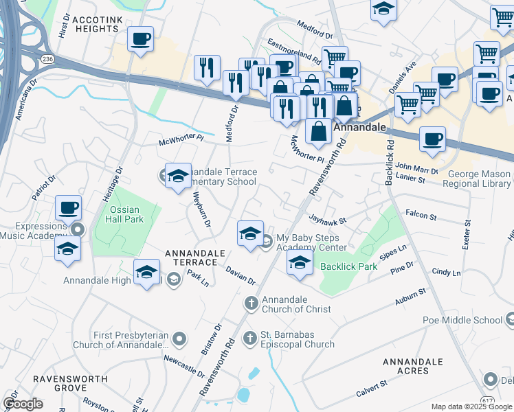 map of restaurants, bars, coffee shops, grocery stores, and more near 7477 Demille Court in Annandale