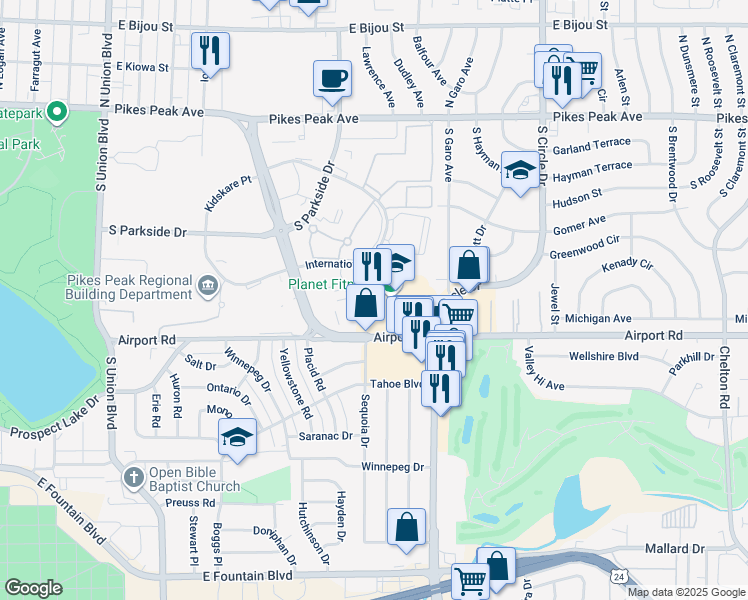 map of restaurants, bars, coffee shops, grocery stores, and more near 2508 Airport Road in Colorado Springs