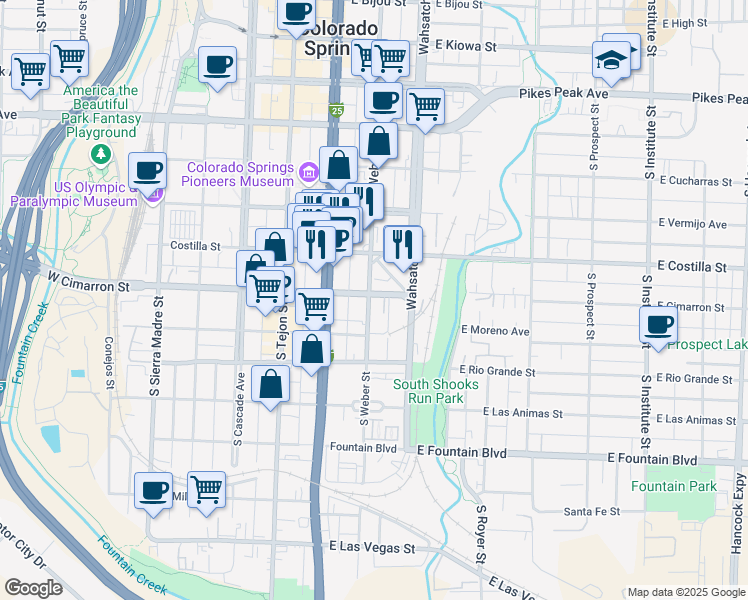 map of restaurants, bars, coffee shops, grocery stores, and more near 505 South Weber Street in Colorado Springs