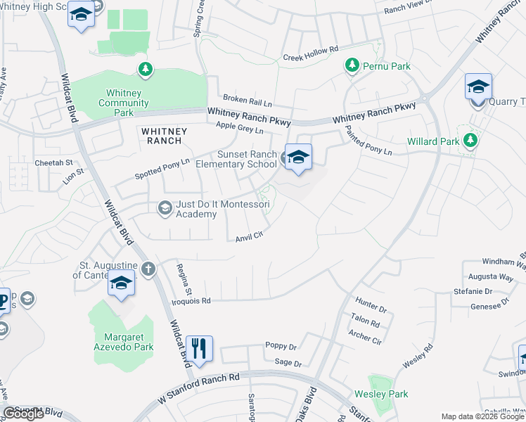 map of restaurants, bars, coffee shops, grocery stores, and more near Anvil Circle in Rocklin