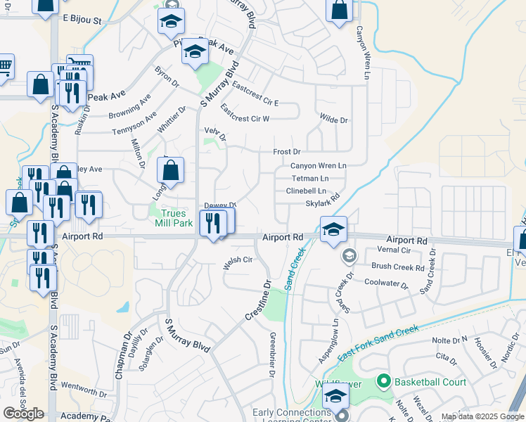 map of restaurants, bars, coffee shops, grocery stores, and more near 329 Bonnie Court in Colorado Springs