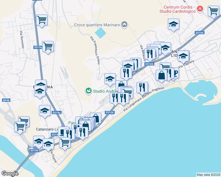 map of restaurants, bars, coffee shops, grocery stores, and more near Via Melito Porto Salvo in Catanzaro