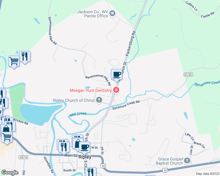 map of restaurants, bars, coffee shops, grocery stores, and more near 618-624 N Church St in Ripley