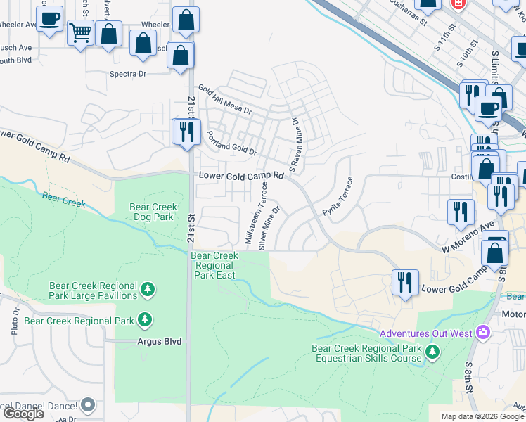map of restaurants, bars, coffee shops, grocery stores, and more near 391 Millstream Terrace in Colorado Springs