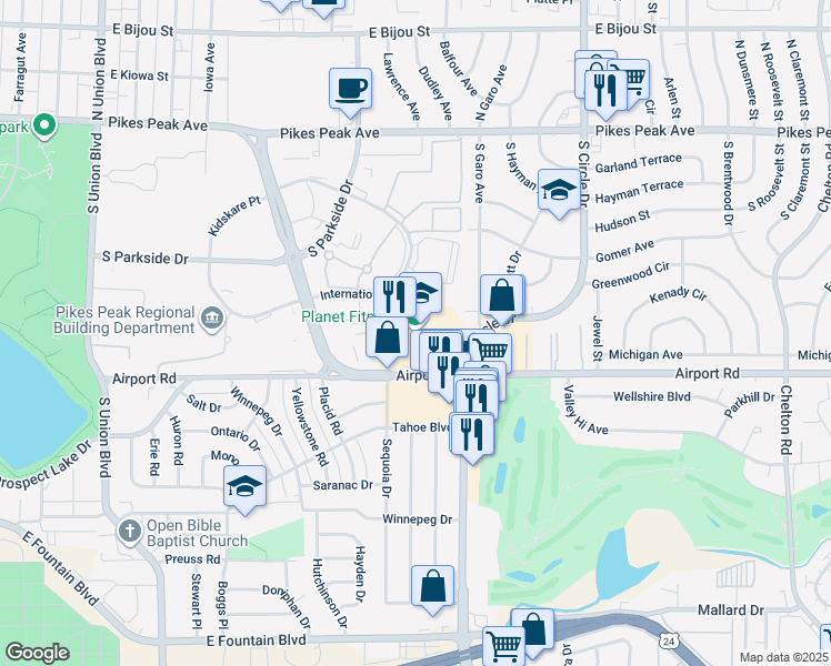 map of restaurants, bars, coffee shops, grocery stores, and more near 2516 Airport Road in Colorado Springs