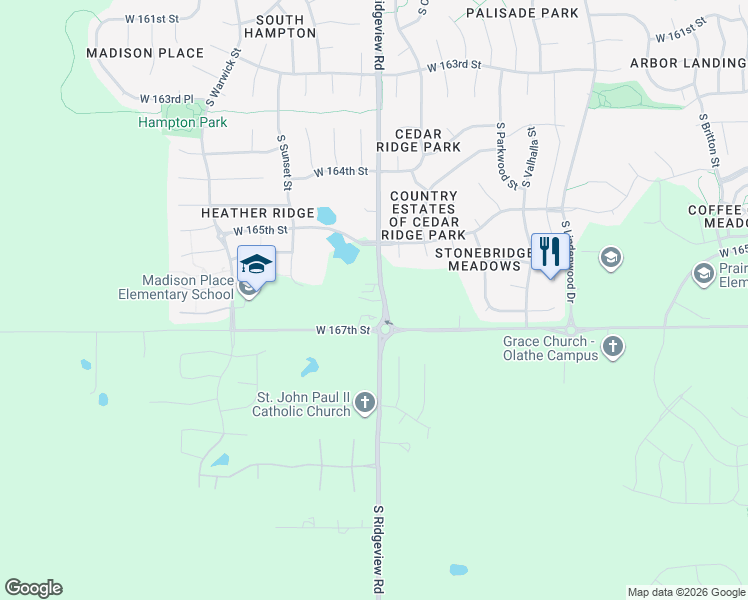 map of restaurants, bars, coffee shops, grocery stores, and more near 16670 South Ridgeview Road in Olathe
