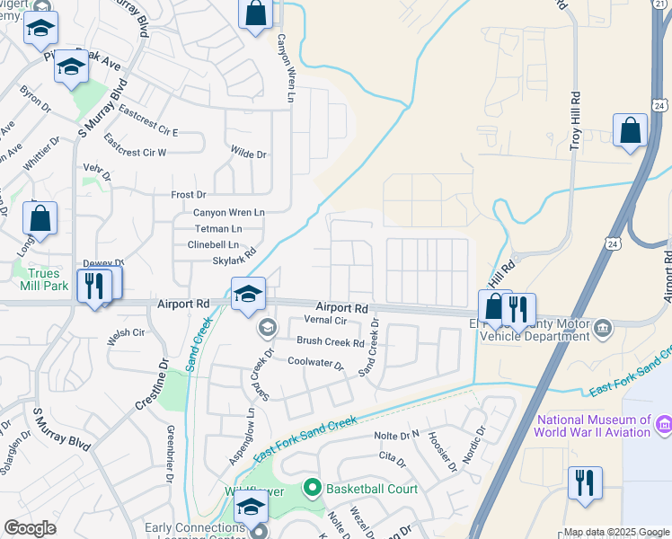 map of restaurants, bars, coffee shops, grocery stores, and more near 408 Kitfield View in Colorado Springs