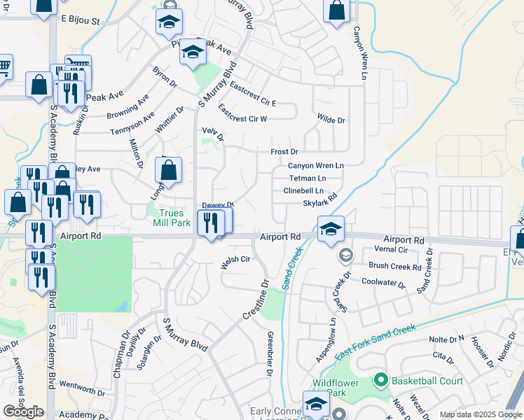 map of restaurants, bars, coffee shops, grocery stores, and more near 326 Bonnie Court in Colorado Springs