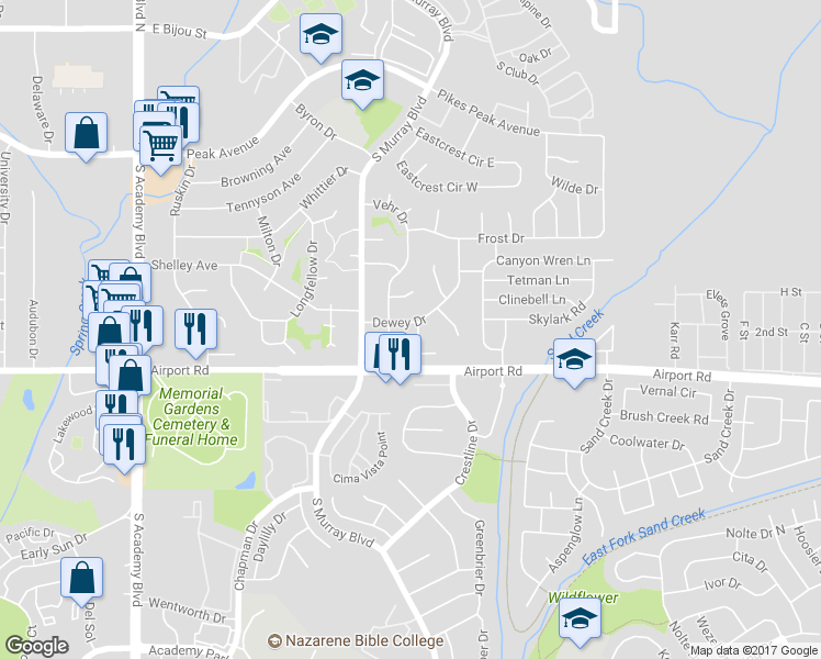 map of restaurants, bars, coffee shops, grocery stores, and more near 340 Gahart Drive in Colorado Springs