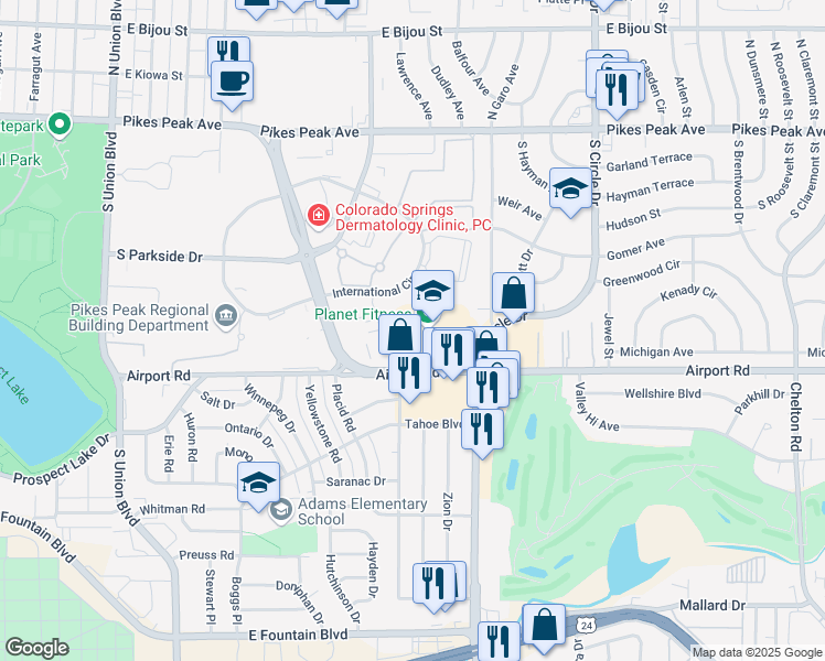 map of restaurants, bars, coffee shops, grocery stores, and more near 2516 Airport Road in Colorado Springs