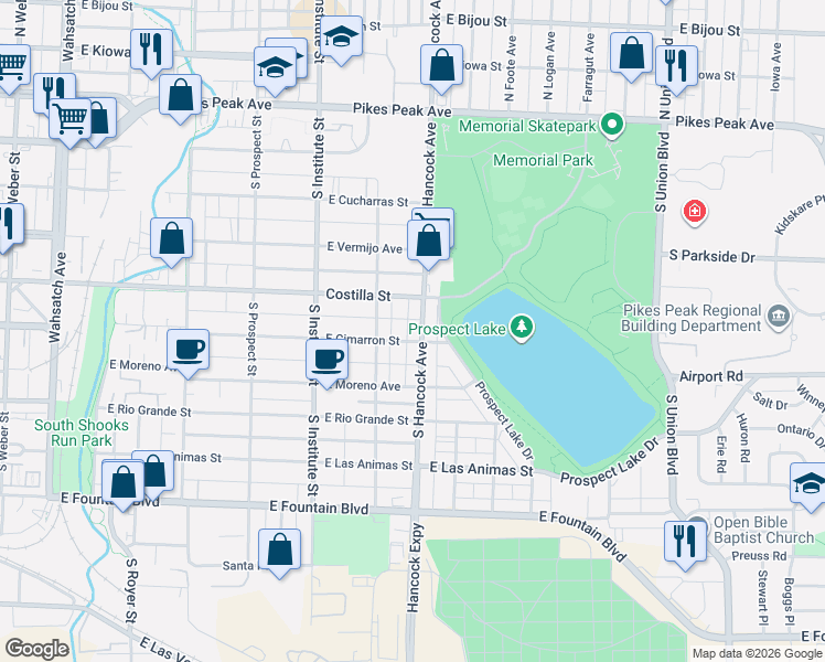map of restaurants, bars, coffee shops, grocery stores, and more near 1019 East Cimarron Street in Colorado Springs