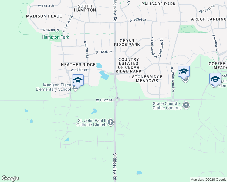 map of restaurants, bars, coffee shops, grocery stores, and more near 16670 South Ridgeview Road in Olathe