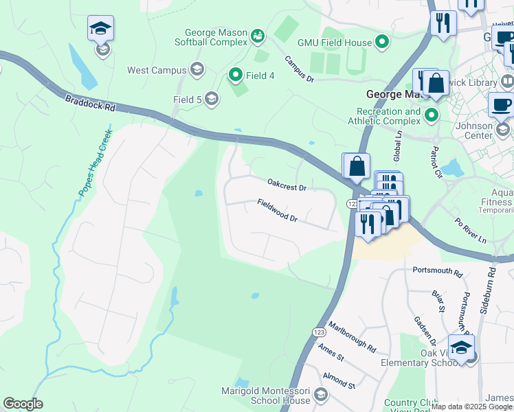 map of restaurants, bars, coffee shops, grocery stores, and more near 10831 Fieldwood Dr in Fairfax
