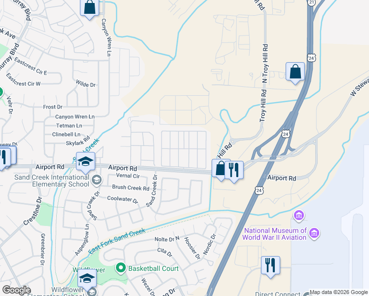 map of restaurants, bars, coffee shops, grocery stores, and more near 5150 Airport Road in Colorado Springs