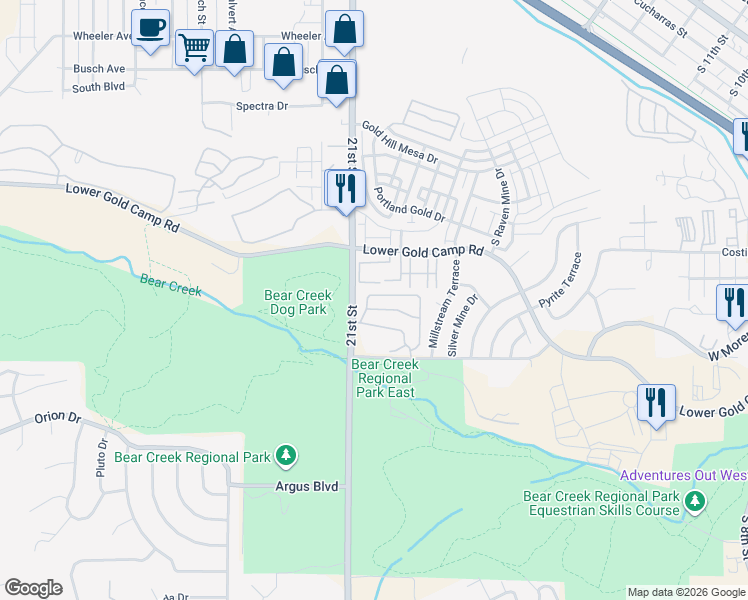 map of restaurants, bars, coffee shops, grocery stores, and more near 1695 Little Bear Creek Point in Colorado Springs