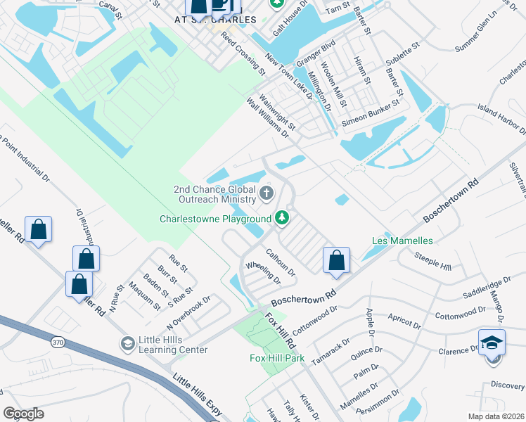 map of restaurants, bars, coffee shops, grocery stores, and more near 3313 Timbercross Place in Saint Charles