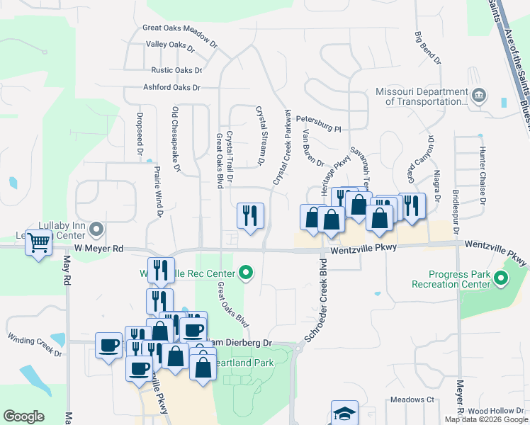 map of restaurants, bars, coffee shops, grocery stores, and more near 1001 Crystal Creek Parkway in Wentzville