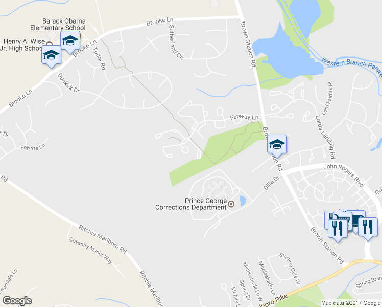 map of restaurants, bars, coffee shops, grocery stores, and more near 4635 Penzance Place in Upper Marlboro