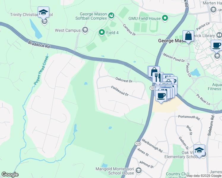 map of restaurants, bars, coffee shops, grocery stores, and more near 10831 Fieldwood Dr in Fairfax