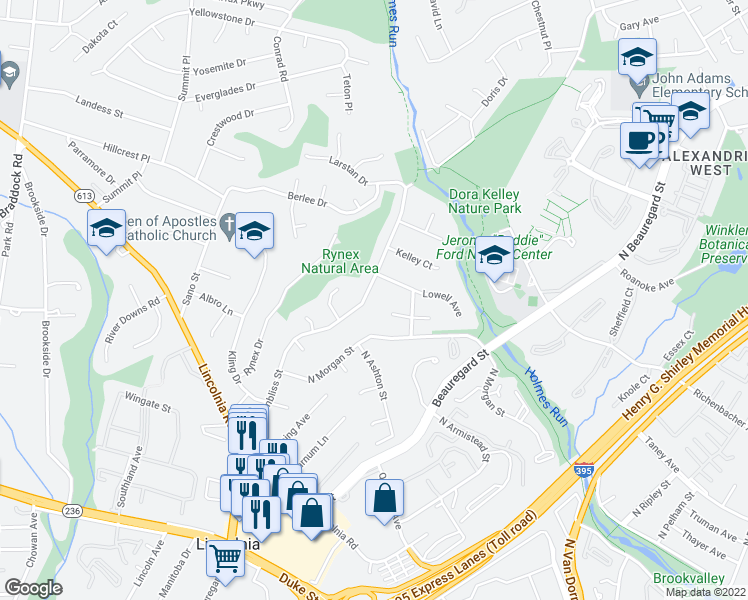 map of restaurants, bars, coffee shops, grocery stores, and more near 1209 North Chambliss Street in Alexandria