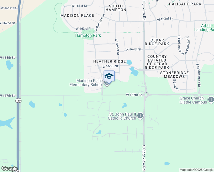 map of restaurants, bars, coffee shops, grocery stores, and more near 16651 South Warwick Street in Olathe