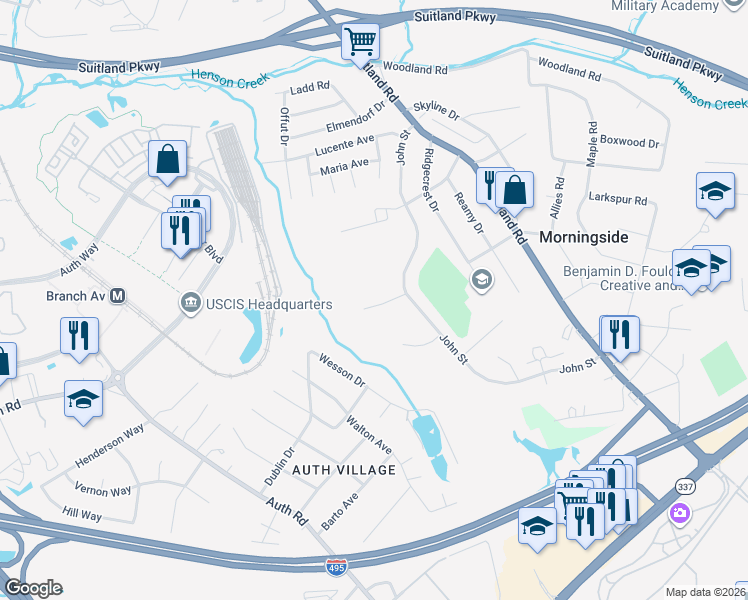 map of restaurants, bars, coffee shops, grocery stores, and more near 6110 Peggyanne Court in Camp Springs