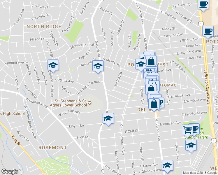 map of restaurants, bars, coffee shops, grocery stores, and more near 49 West Del Ray Avenue in Alexandria