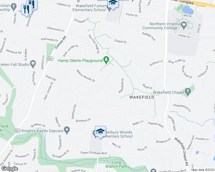 map of restaurants, bars, coffee shops, grocery stores, and more near 8809 Burbank Road in Annandale