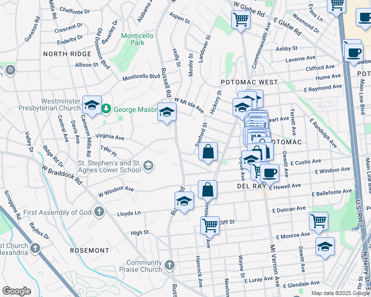 map of restaurants, bars, coffee shops, grocery stores, and more near 49 West Del Ray Avenue in Alexandria