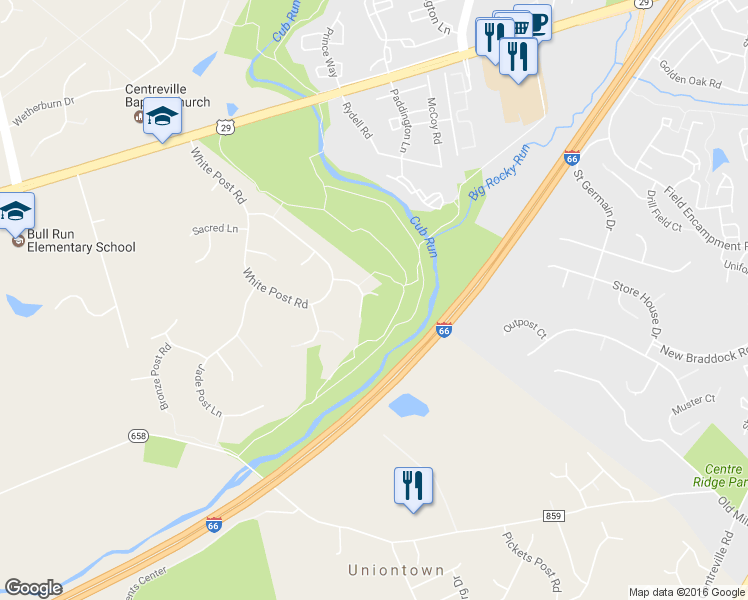 map of restaurants, bars, coffee shops, grocery stores, and more near 14806 Green Post Court in Centreville