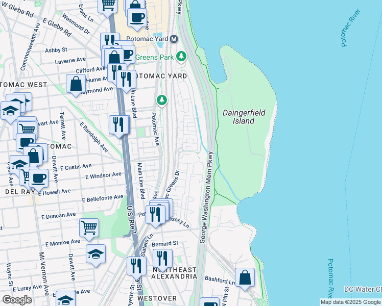 map of restaurants, bars, coffee shops, grocery stores, and more near 714 Carpenter Road in Alexandria