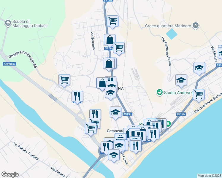 map of restaurants, bars, coffee shops, grocery stores, and more near 314 Via Cattaneo Carlo in Catanzaro