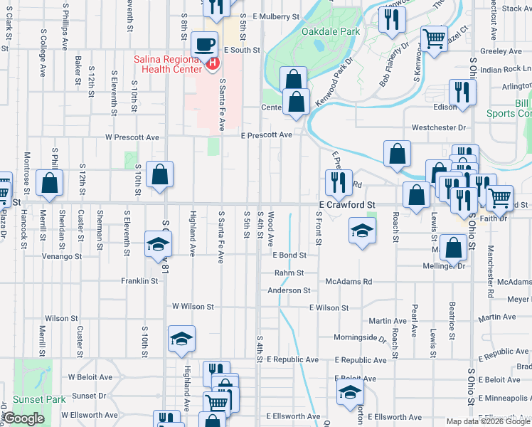 map of restaurants, bars, coffee shops, grocery stores, and more near 728 Wood Avenue in Salina