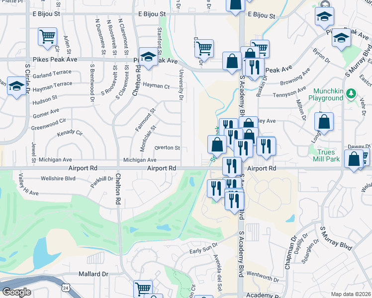 map of restaurants, bars, coffee shops, grocery stores, and more near 303 University Drive in Colorado Springs