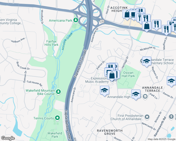 map of restaurants, bars, coffee shops, grocery stores, and more near 4414 Island Place in Annandale