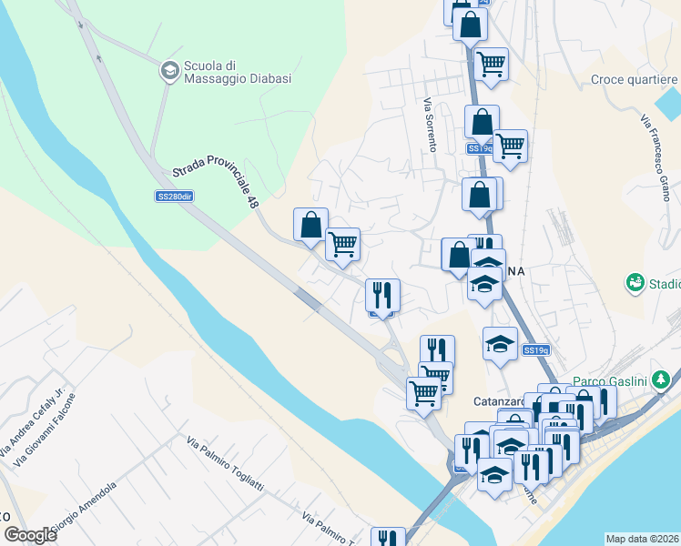 map of restaurants, bars, coffee shops, grocery stores, and more near 36 Viale Europa in Catanzaro