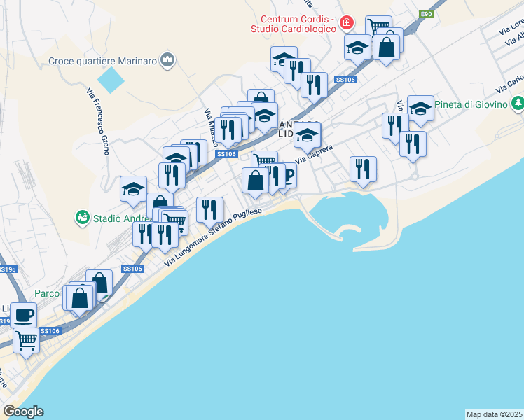 map of restaurants, bars, coffee shops, grocery stores, and more near 315 Via Lungomare Stefano Pugliese in Catanzaro