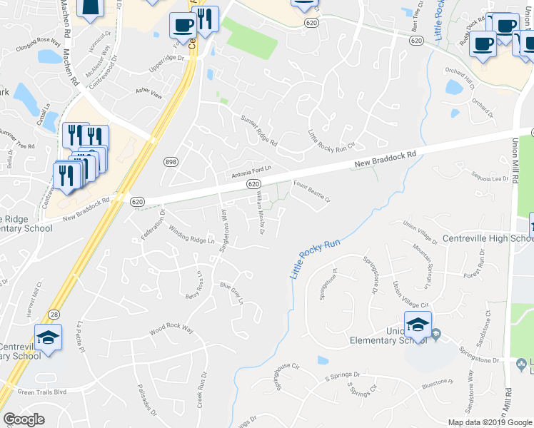 map of restaurants, bars, coffee shops, grocery stores, and more near 14002 Gunners Place in Centreville