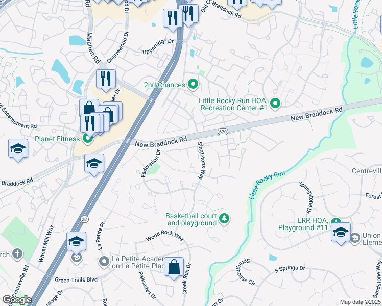 map of restaurants, bars, coffee shops, grocery stores, and more near 14009B Grumble Jones Court in Centreville