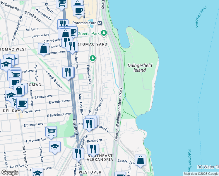 map of restaurants, bars, coffee shops, grocery stores, and more near 714 Carpenter Road in Alexandria