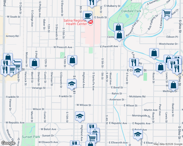 map of restaurants, bars, coffee shops, grocery stores, and more near 730 South Santa Fe Avenue in Salina
