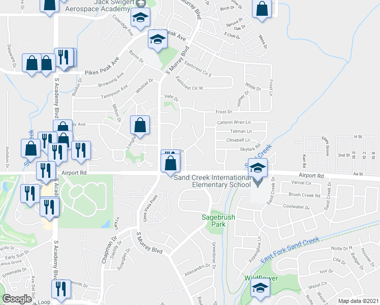 map of restaurants, bars, coffee shops, grocery stores, and more near 340 Gahart Drive in Colorado Springs