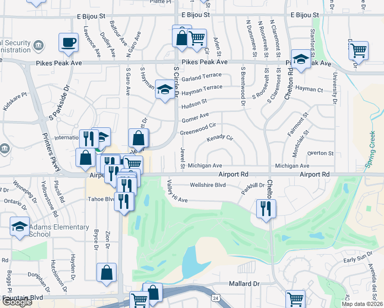 map of restaurants, bars, coffee shops, grocery stores, and more near 341 Jewel Street in Colorado Springs