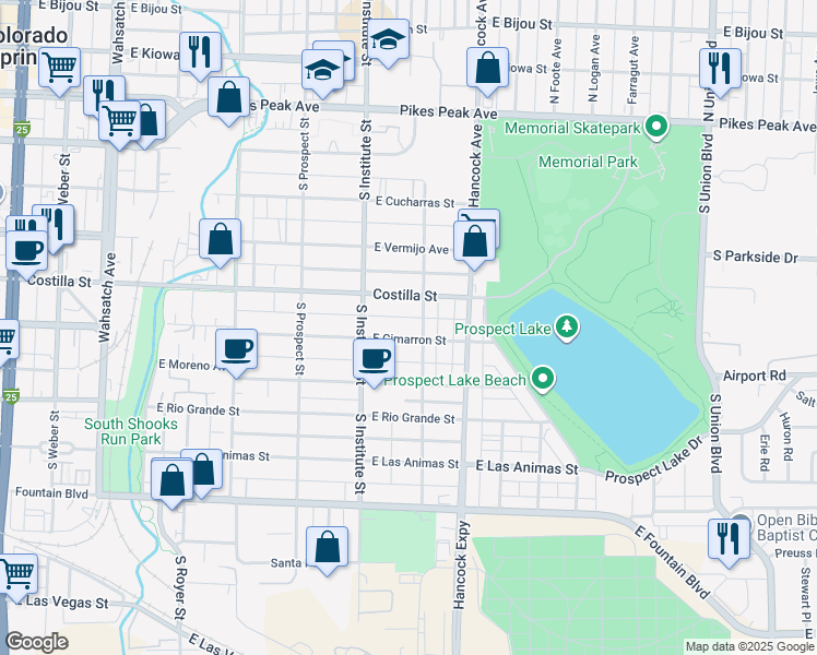 map of restaurants, bars, coffee shops, grocery stores, and more near 941 East Cimarron Street in Colorado Springs