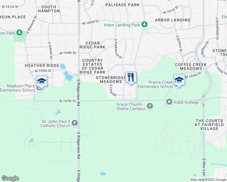 map of restaurants, bars, coffee shops, grocery stores, and more near 16656 South Lind Road in Olathe