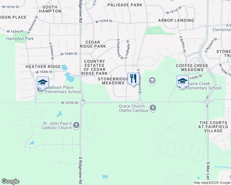 map of restaurants, bars, coffee shops, grocery stores, and more near 16656 South Lind Road in Olathe