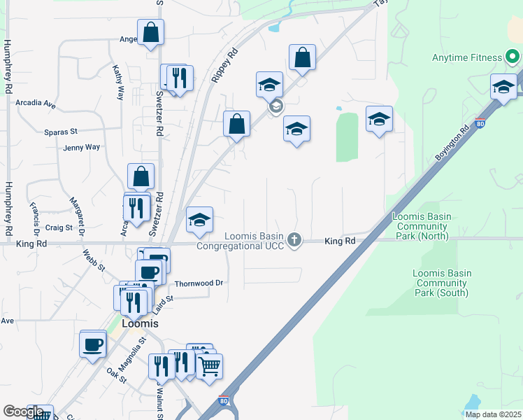 map of restaurants, bars, coffee shops, grocery stores, and more near 6371 King Road in Loomis