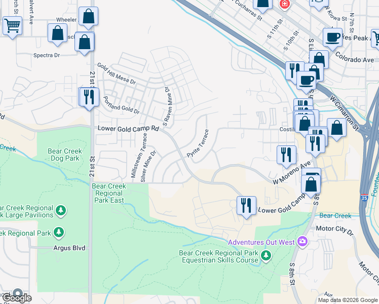 map of restaurants, bars, coffee shops, grocery stores, and more near 376 Pyrite Terrace in Colorado Springs
