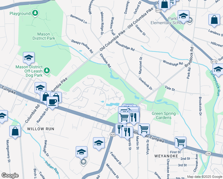 map of restaurants, bars, coffee shops, grocery stores, and more near 4502 Highland Green Court in Alexandria
