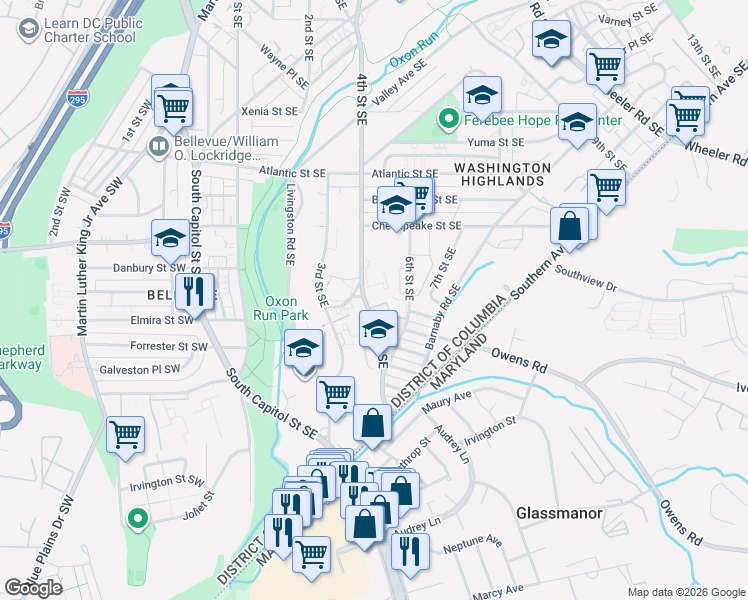 map of restaurants, bars, coffee shops, grocery stores, and more near 4236 4th Street Southeast in Washington